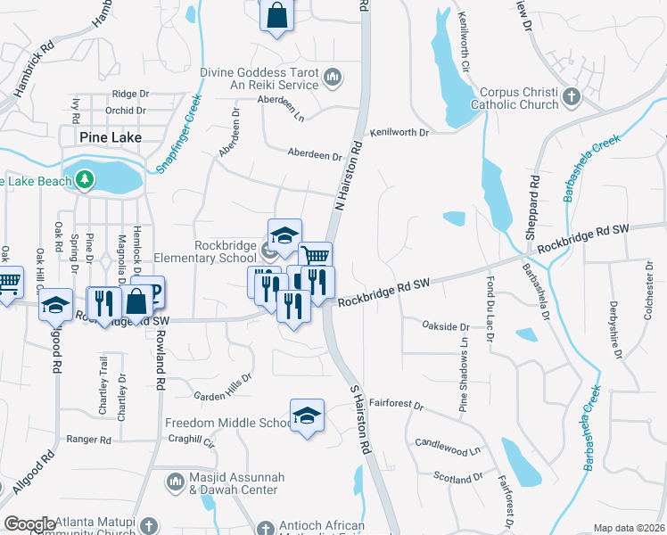 map of restaurants, bars, coffee shops, grocery stores, and more near 437 North Hairston Road in Stone Mountain