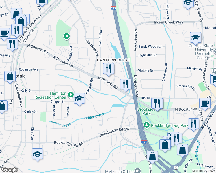 map of restaurants, bars, coffee shops, grocery stores, and more near 3485 Creekview Place in Scottdale