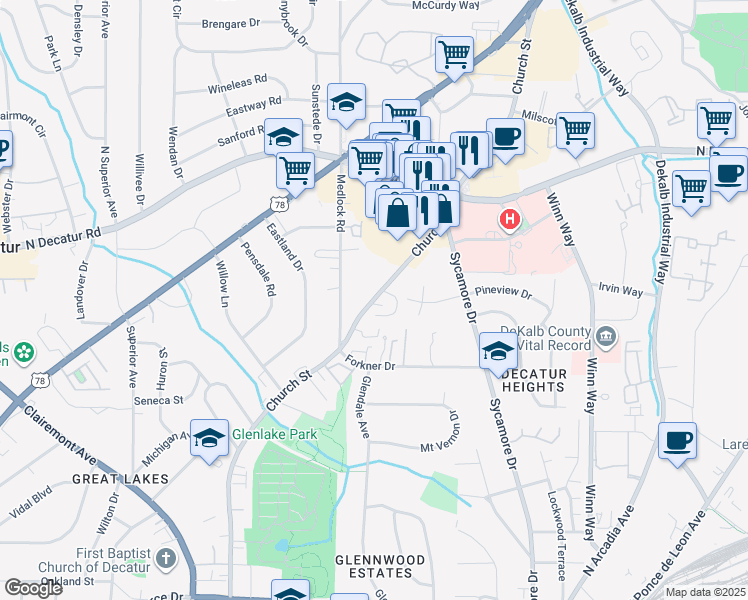 map of restaurants, bars, coffee shops, grocery stores, and more near 2450 Manor Walk in Decatur