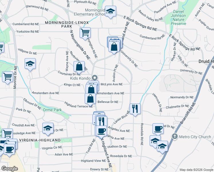 map of restaurants, bars, coffee shops, grocery stores, and more near 1010 McLynn Avenue Northeast in Atlanta
