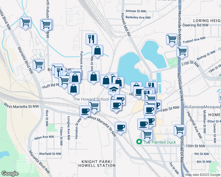 map of restaurants, bars, coffee shops, grocery stores, and more near 1227 Cushenberry Lane in Atlanta