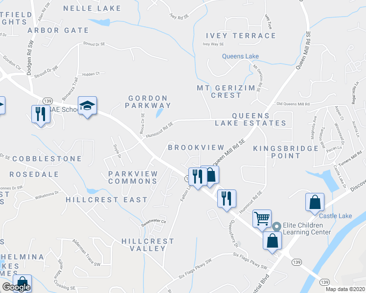 map of restaurants, bars, coffee shops, grocery stores, and more near 6702 Stoneleigh Way in Mableton