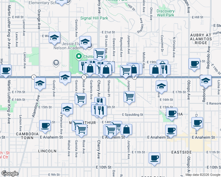 map of restaurants, bars, coffee shops, grocery stores, and more near 1741 Stanton Place in Long Beach