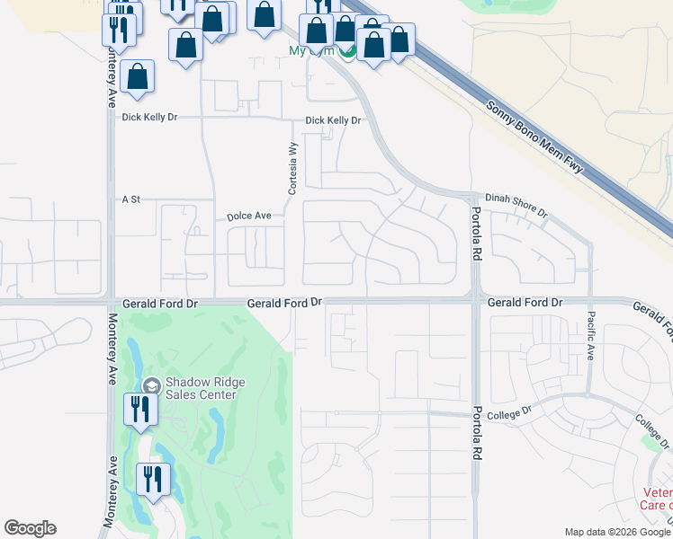 map of restaurants, bars, coffee shops, grocery stores, and more near 73688 Vermeer Way in Palm Desert