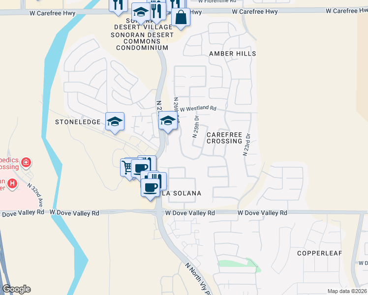 map of restaurants, bars, coffee shops, grocery stores, and more near 33508 North 25th Drive in Phoenix