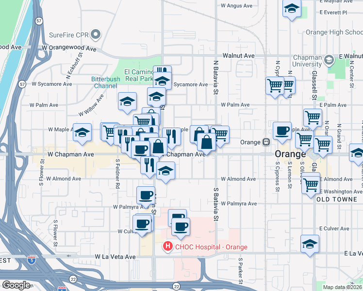 map of restaurants, bars, coffee shops, grocery stores, and more near 130 North Lester Drive in Orange