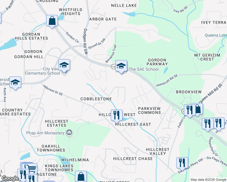 map of restaurants, bars, coffee shops, grocery stores, and more near 6847 Bridgewood Drive in Austell