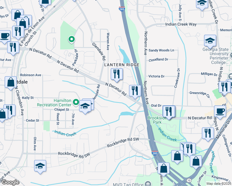 map of restaurants, bars, coffee shops, grocery stores, and more near 3485 Creekview Place in Scottdale