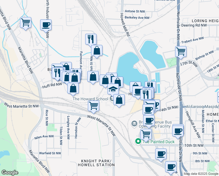 map of restaurants, bars, coffee shops, grocery stores, and more near 1227 Cushenberry Lane in Atlanta