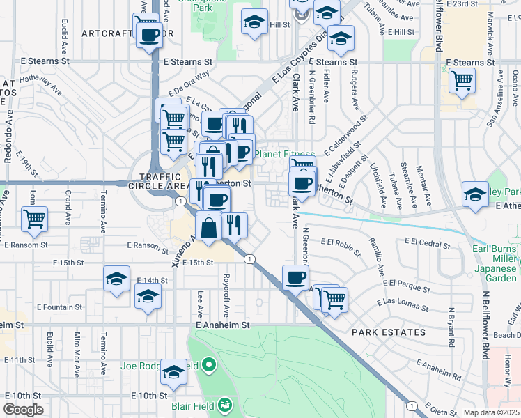 map of restaurants, bars, coffee shops, grocery stores, and more near 5052 East Atherton Street in Long Beach
