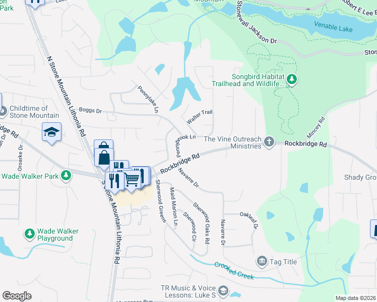 map of restaurants, bars, coffee shops, grocery stores, and more near 476 Pennybrook Lane in Stone Mountain