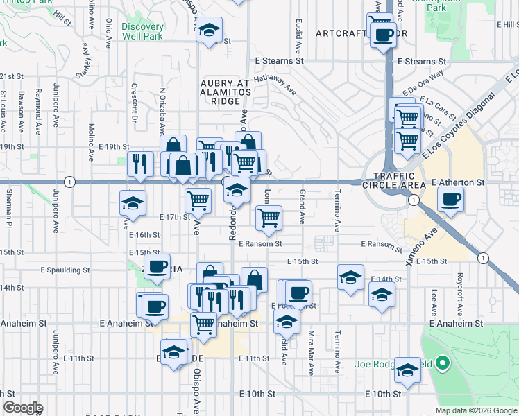 map of restaurants, bars, coffee shops, grocery stores, and more near 1725 Loma Avenue in Long Beach