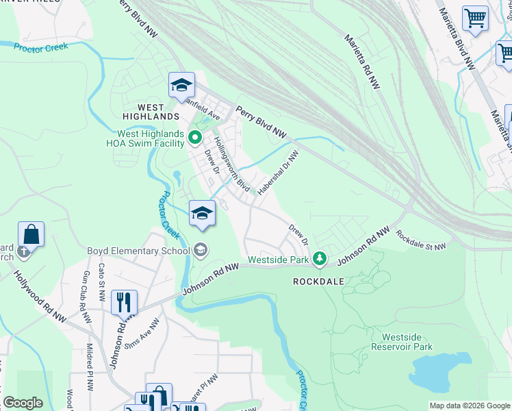 map of restaurants, bars, coffee shops, grocery stores, and more near 1639 Habershal Drive Northwest in Atlanta
