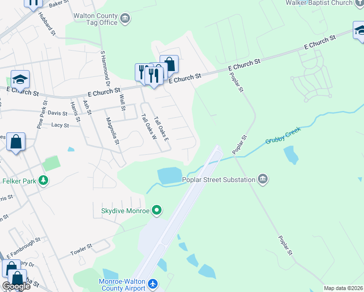 map of restaurants, bars, coffee shops, grocery stores, and more near 1221 Sporty Lane in Monroe