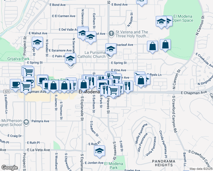 map of restaurants, bars, coffee shops, grocery stores, and more near Hewes Street in Orange