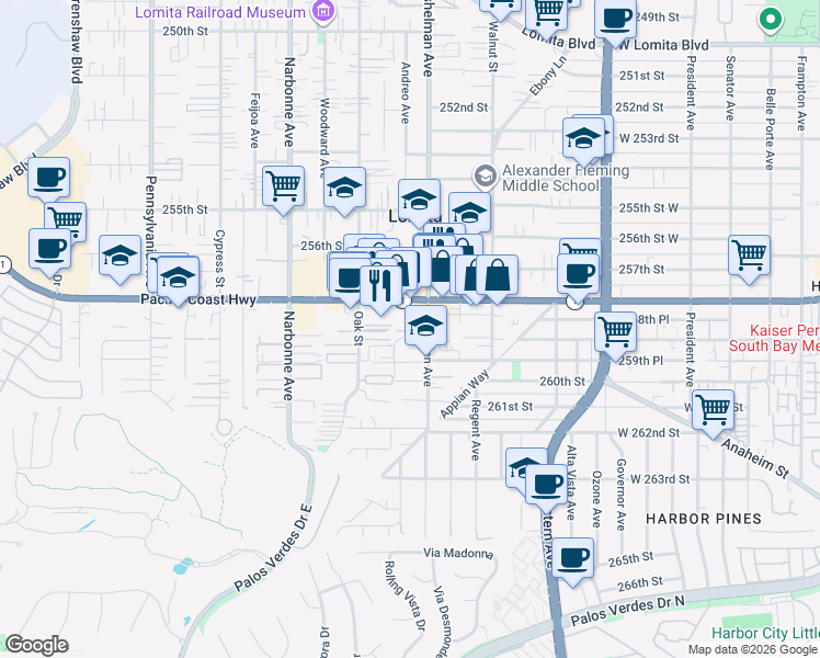 map of restaurants, bars, coffee shops, grocery stores, and more near 25829 Eshelman Avenue in Lomita