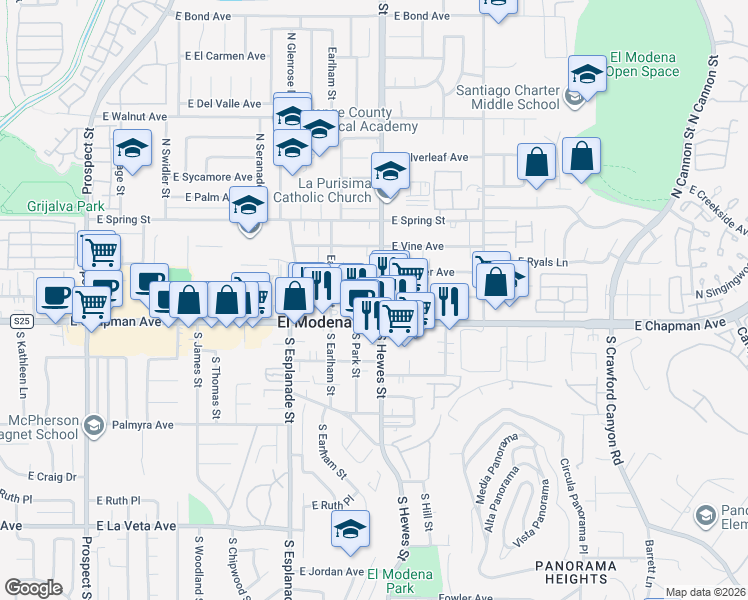 map of restaurants, bars, coffee shops, grocery stores, and more near Hewes Street in Orange