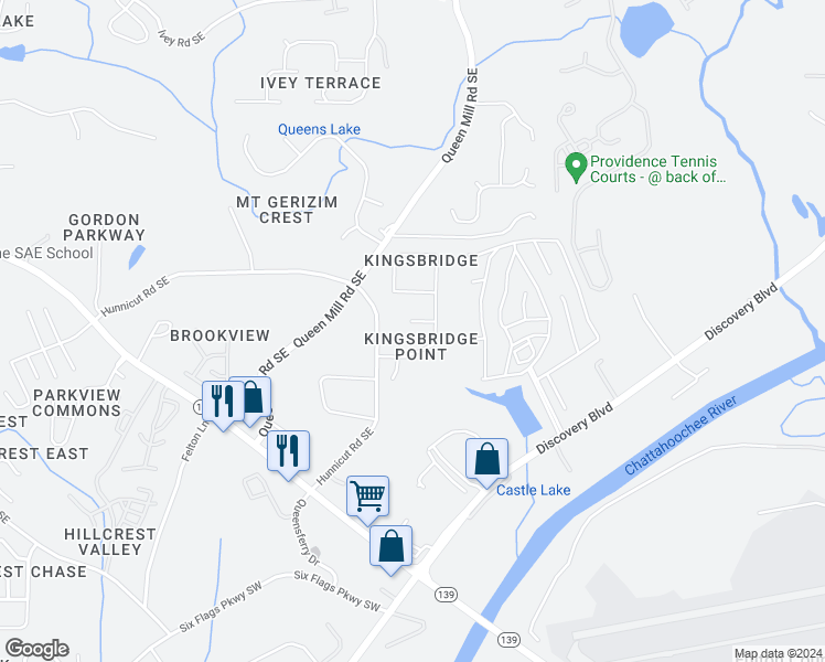 map of restaurants, bars, coffee shops, grocery stores, and more near 630 Excalibur Court Southeast in Mableton
