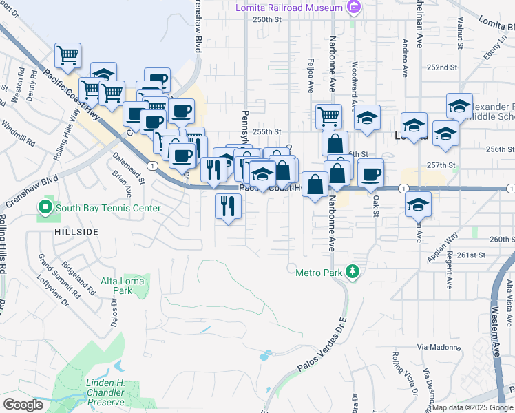 map of restaurants, bars, coffee shops, grocery stores, and more near 2342 California 1 in Lomita