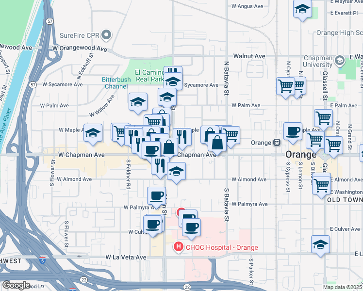 map of restaurants, bars, coffee shops, grocery stores, and more near 132 North Jewell Place in Orange