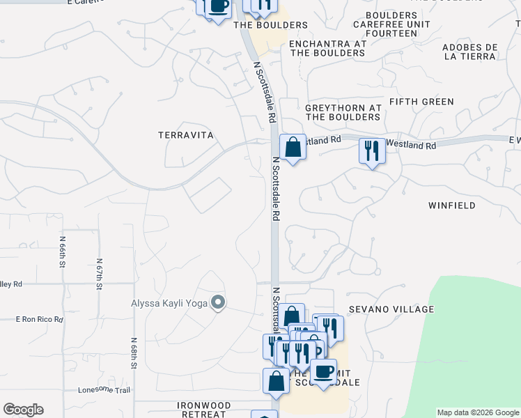 map of restaurants, bars, coffee shops, grocery stores, and more near 33490 North 71st Street in Scottsdale