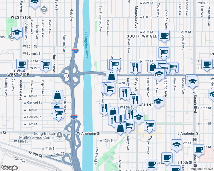 map of restaurants, bars, coffee shops, grocery stores, and more near 820 West Esther Street in Long Beach