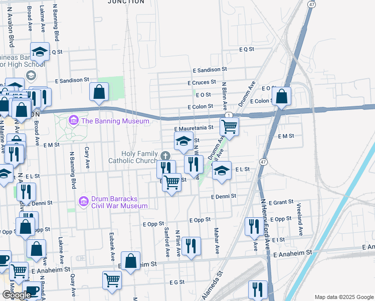 map of restaurants, bars, coffee shops, grocery stores, and more near 1131 East Robidoux Street in Los Angeles