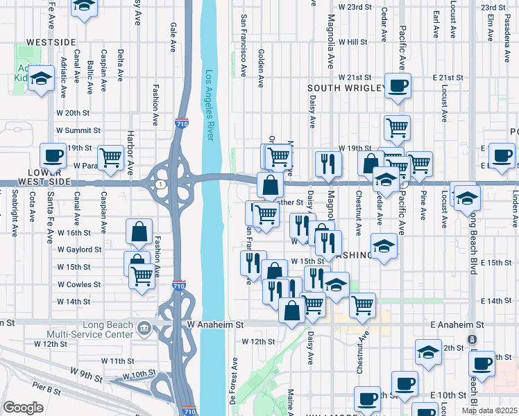 map of restaurants, bars, coffee shops, grocery stores, and more near 820 West Esther Street in Long Beach