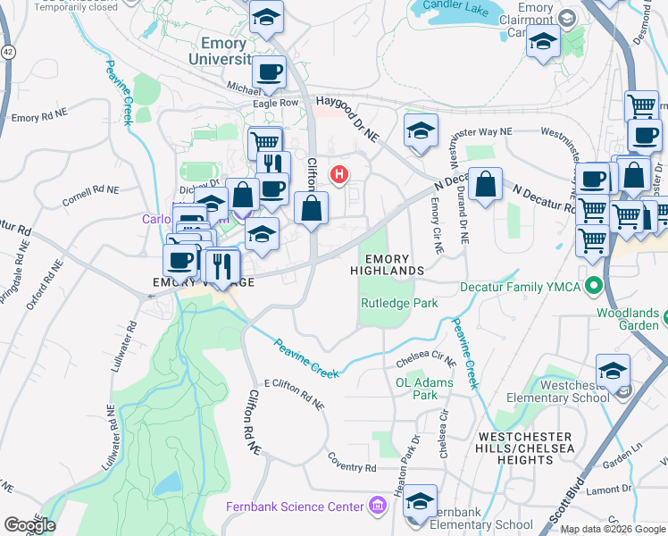 map of restaurants, bars, coffee shops, grocery stores, and more near 1743 North Decatur Road in Atlanta