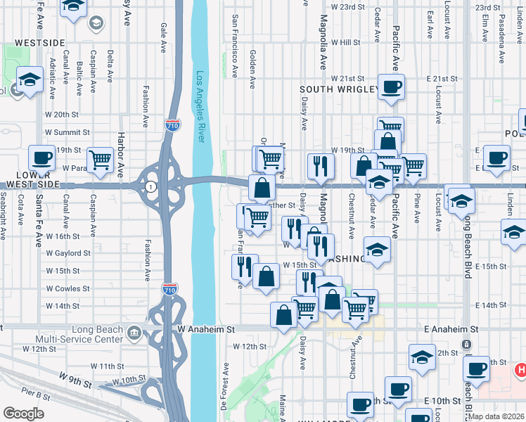 map of restaurants, bars, coffee shops, grocery stores, and more near 730 West Esther Street in Long Beach