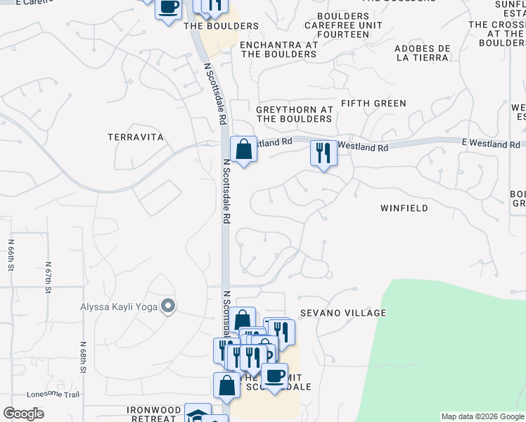 map of restaurants, bars, coffee shops, grocery stores, and more near 7273 East Soaring Eagle Way in Scottsdale