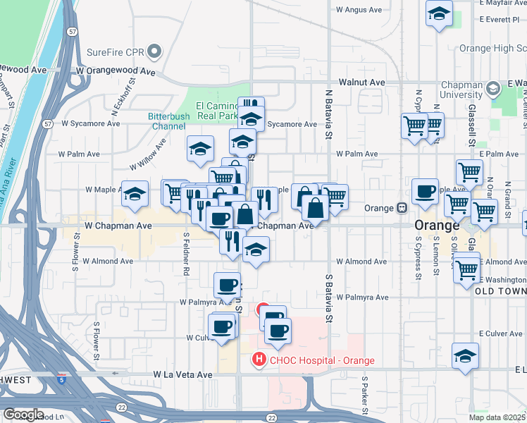 map of restaurants, bars, coffee shops, grocery stores, and more near 132 North Jewell Place in Orange