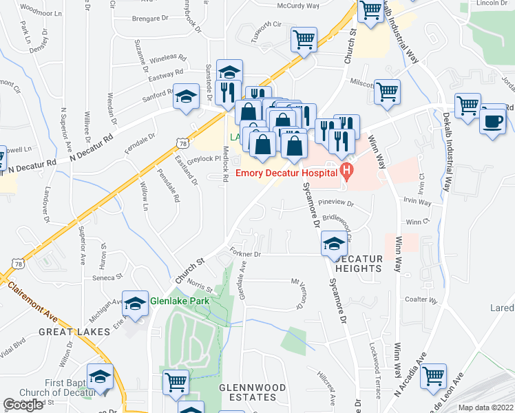 map of restaurants, bars, coffee shops, grocery stores, and more near 2449 Manor Walk in Decatur