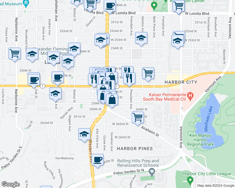 map of restaurants, bars, coffee shops, grocery stores, and more near 1661 259th Street in Los Angeles