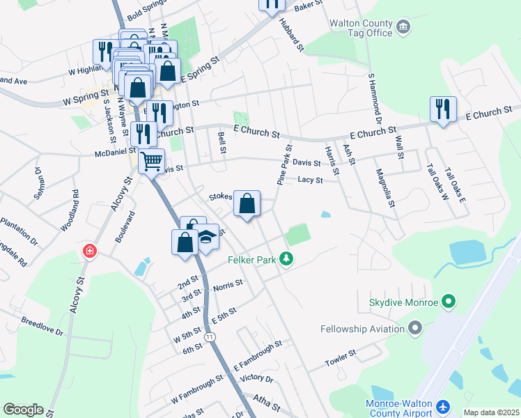 map of restaurants, bars, coffee shops, grocery stores, and more near 529 Lawrence Street in Monroe