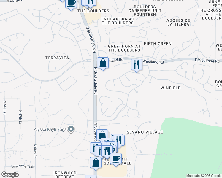 map of restaurants, bars, coffee shops, grocery stores, and more near 7273 East Soaring Eagle Way in Scottsdale