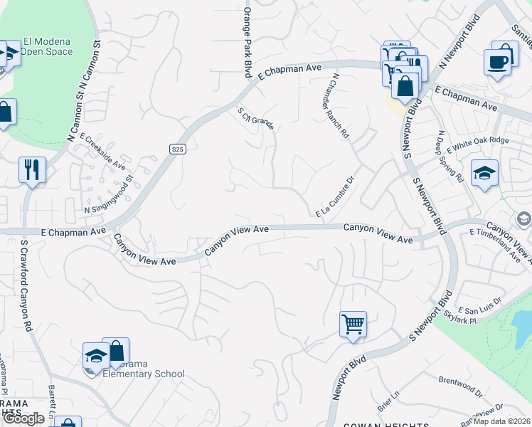 map of restaurants, bars, coffee shops, grocery stores, and more near 140 North Hidden Canyon in Orange