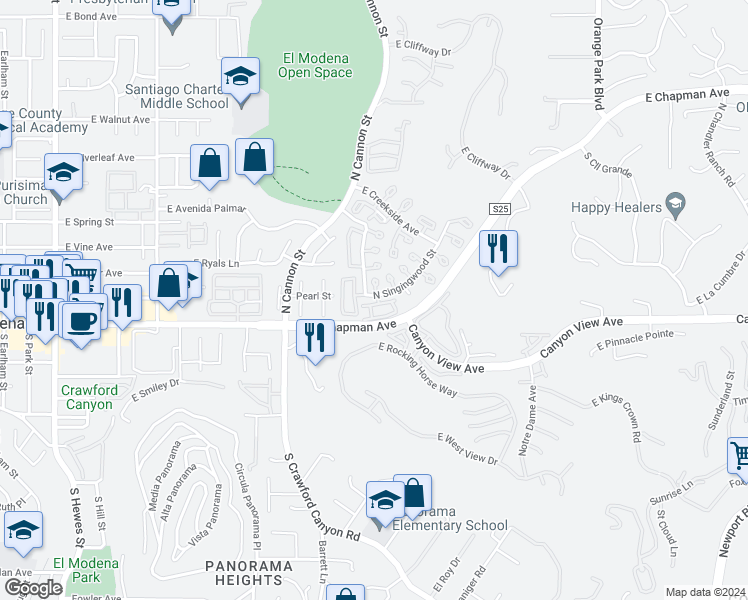 map of restaurants, bars, coffee shops, grocery stores, and more near 152 North Singingwood Street in Orange