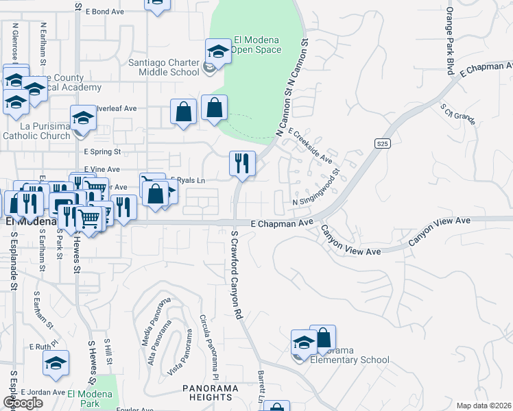 map of restaurants, bars, coffee shops, grocery stores, and more near 177 North Quail Lane in Orange