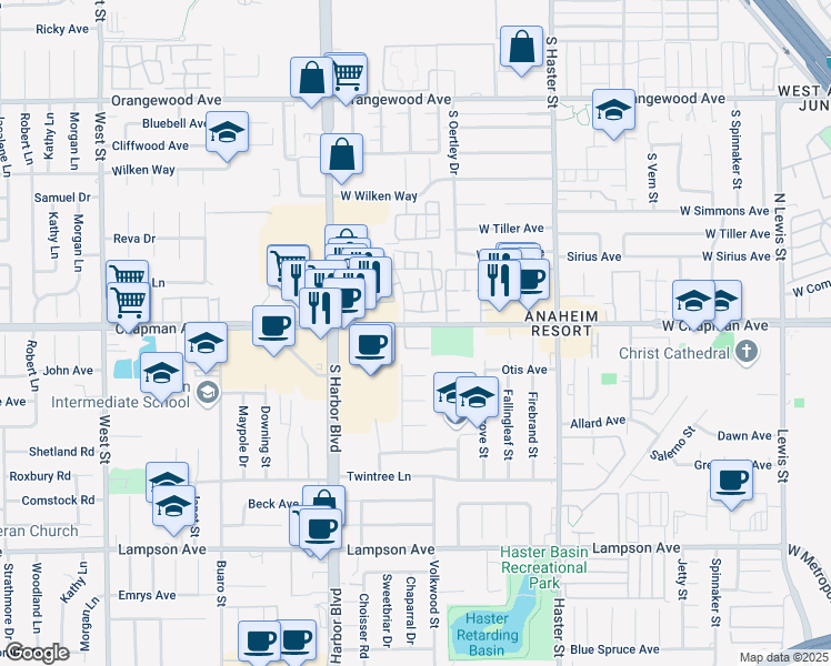 map of restaurants, bars, coffee shops, grocery stores, and more near 2398 South Cutty Way in Anaheim