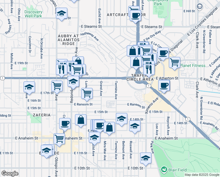 map of restaurants, bars, coffee shops, grocery stores, and more near 1744 Grand Avenue in Long Beach
