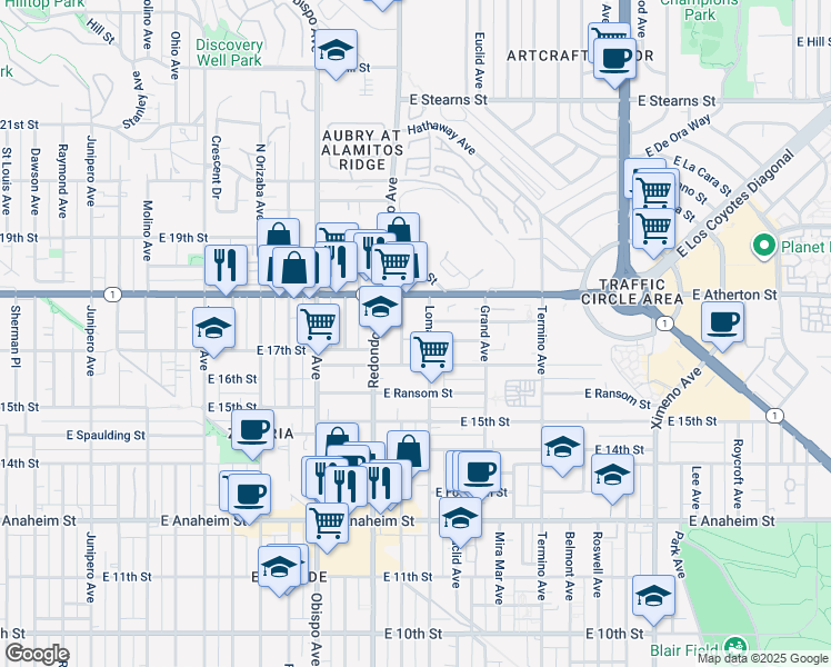 map of restaurants, bars, coffee shops, grocery stores, and more near 1751 Loma Avenue in Long Beach
