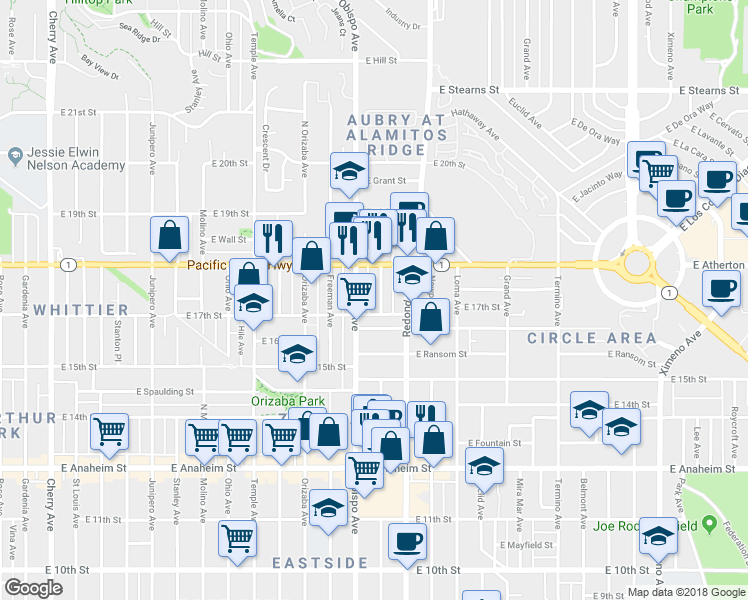 map of restaurants, bars, coffee shops, grocery stores, and more near 1730 Coronado Avenue in Long Beach