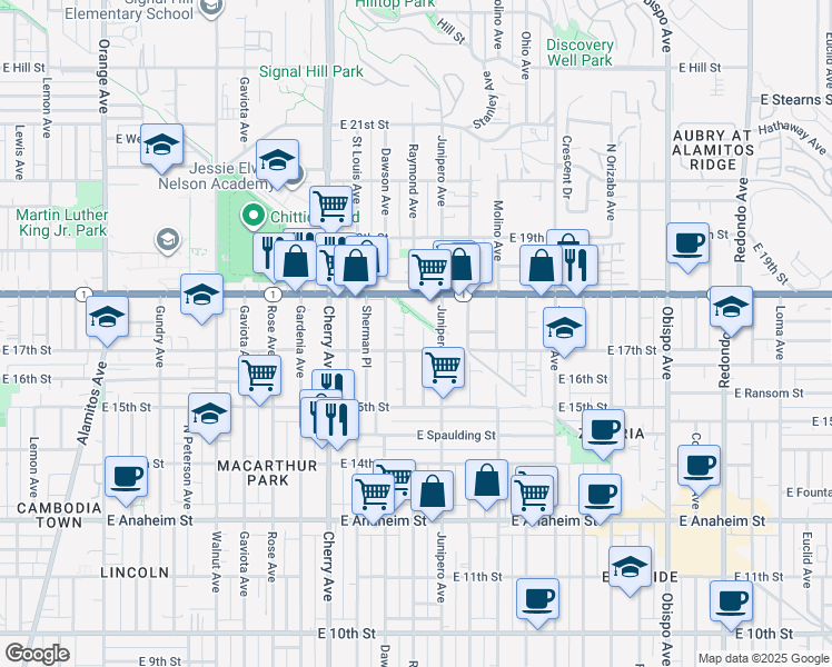 map of restaurants, bars, coffee shops, grocery stores, and more near 1735 Junipero Avenue in Long Beach