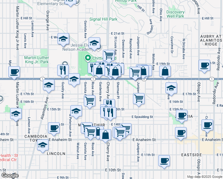 map of restaurants, bars, coffee shops, grocery stores, and more near 1752 Cherry Avenue in Long Beach