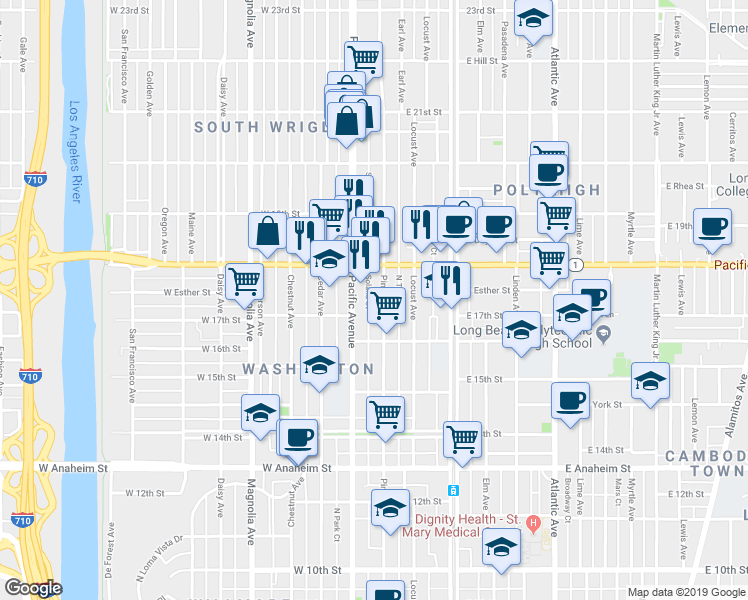 map of restaurants, bars, coffee shops, grocery stores, and more near 1753 Pine Avenue in Long Beach