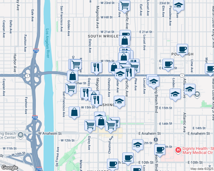 map of restaurants, bars, coffee shops, grocery stores, and more near 1750 Henderson Avenue in Long Beach