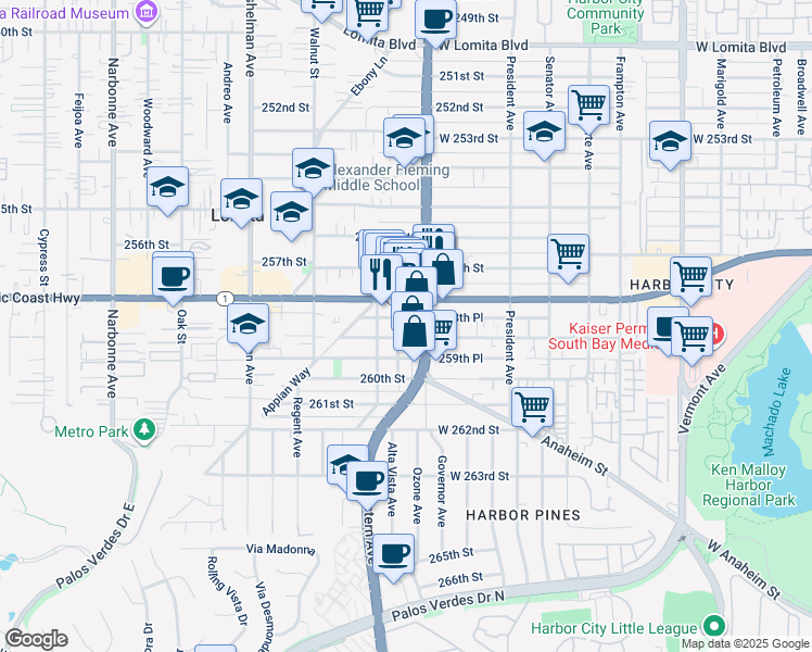 map of restaurants, bars, coffee shops, grocery stores, and more near 1712 Pacific Coast Highway in Los Angeles