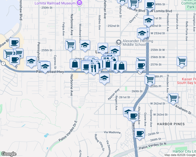 map of restaurants, bars, coffee shops, grocery stores, and more near 2018 Pacific Coast Highway in Lomita