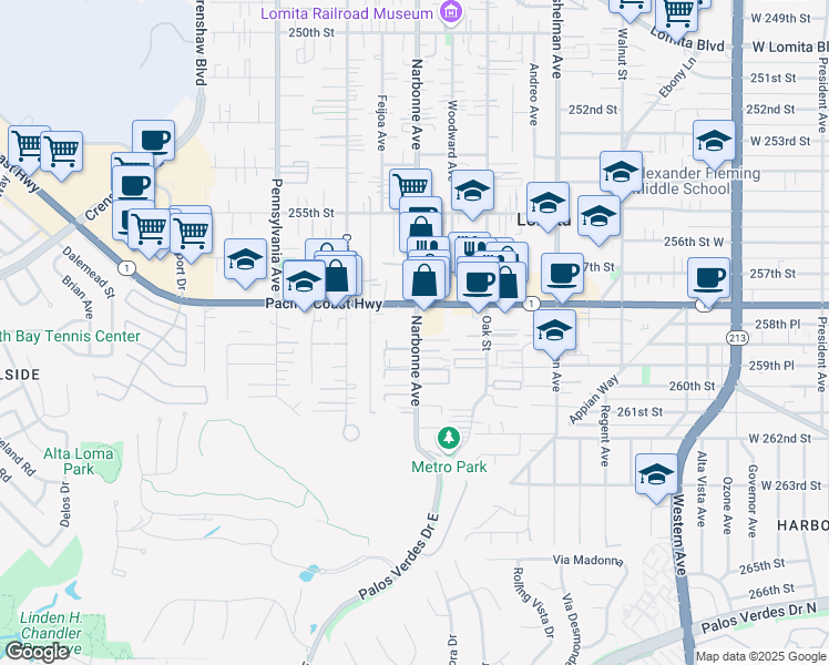 map of restaurants, bars, coffee shops, grocery stores, and more near 25810 Narbonne Avenue in Lomita